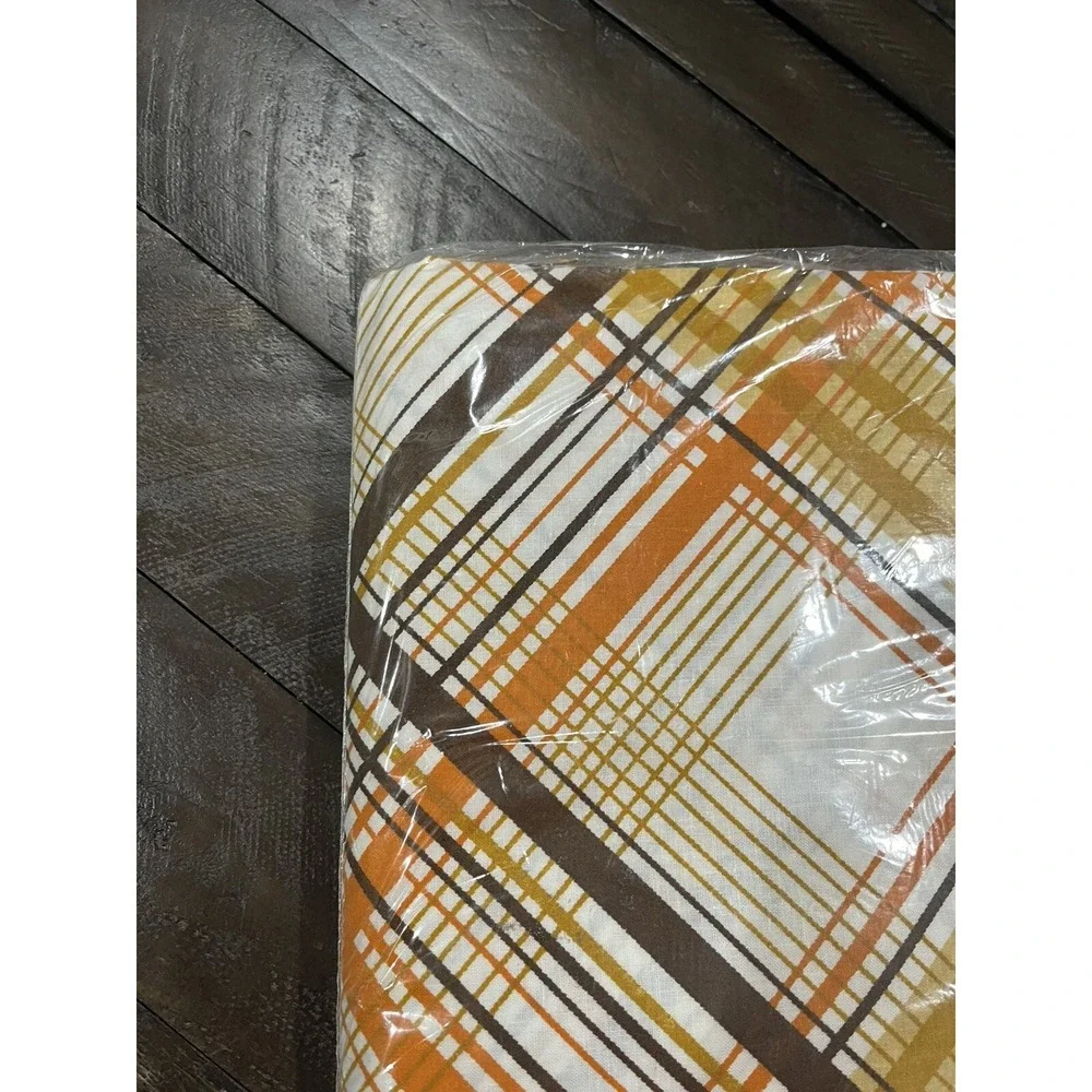 Vintage Bibb Double Flat Sheet 2 Pillow Cases Brown Gold Orange Geo Line MCM NOS